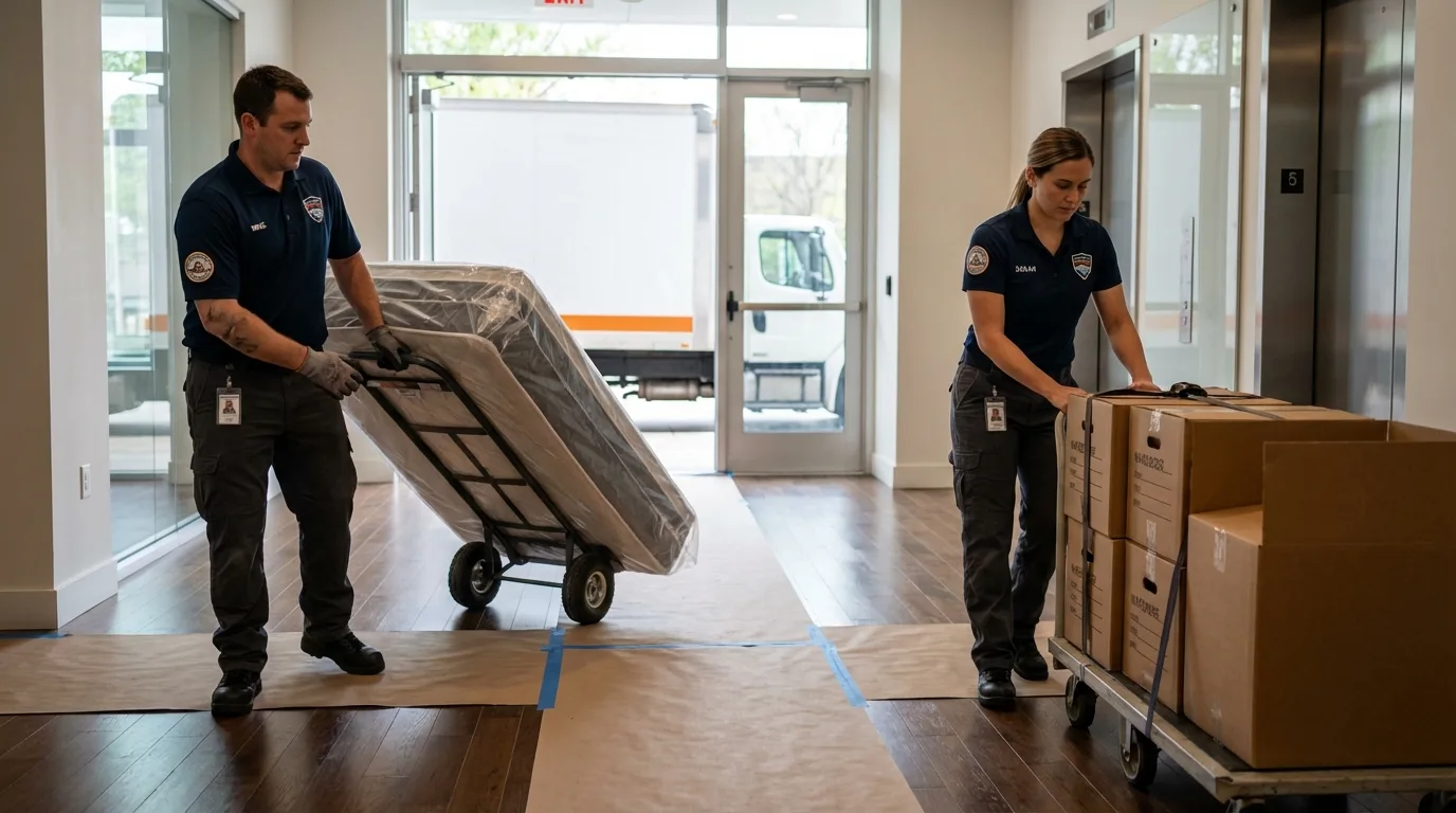 Professional apartment movers loading elevator in Stevenson Ranch, CA